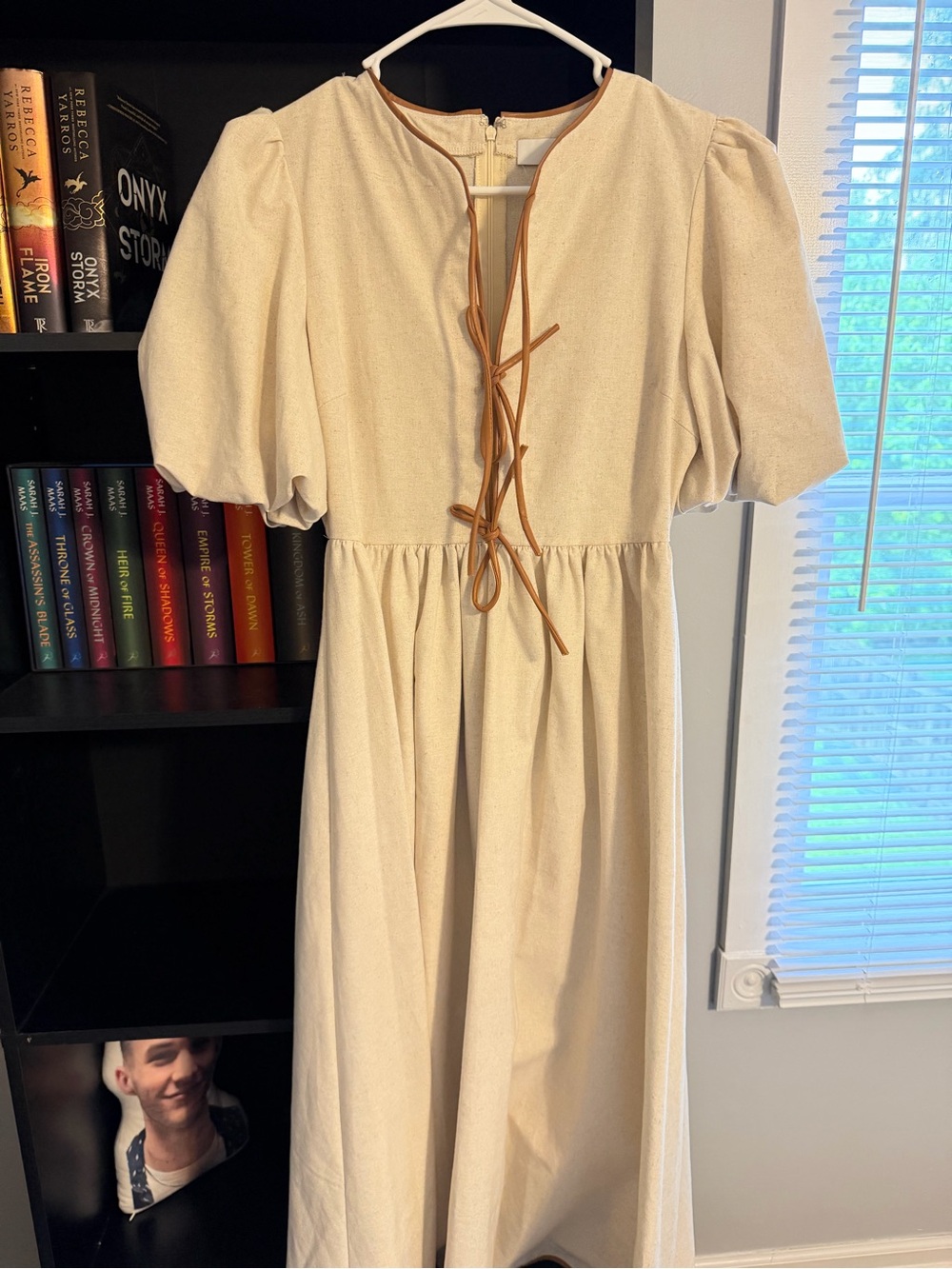Luxe Cream Puff-Sleeve Midi Dress with Tan Leather Ties